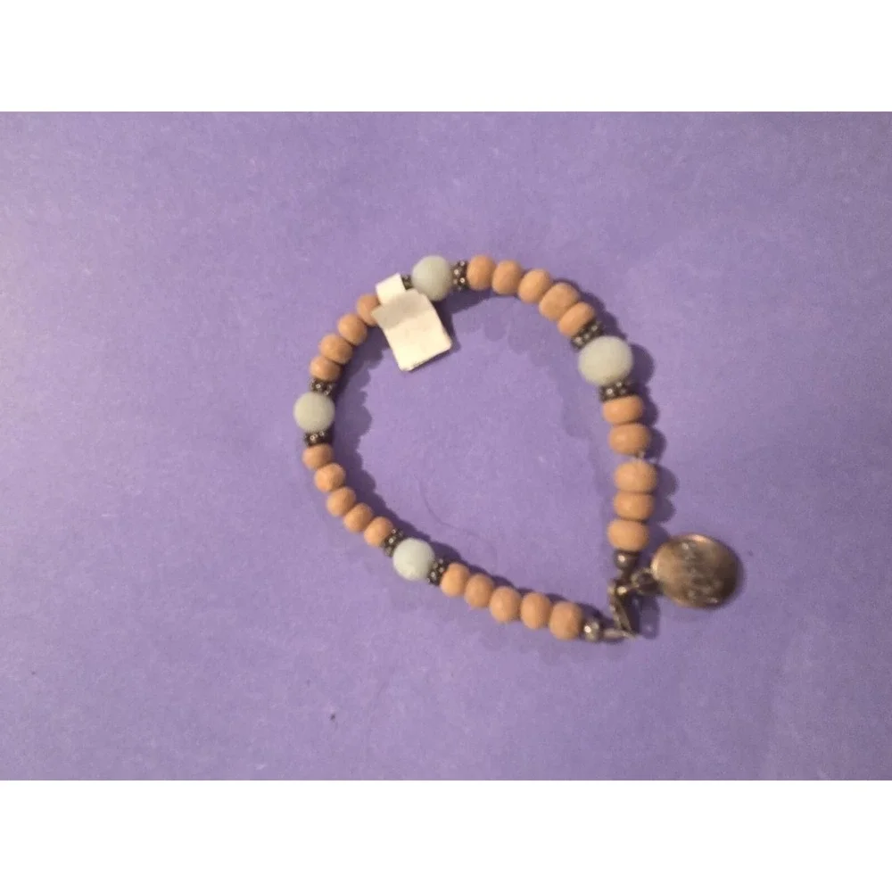 Flass And Stone Steeling Bracelet Beaded Wood Stone Steel Charm Blue Brown